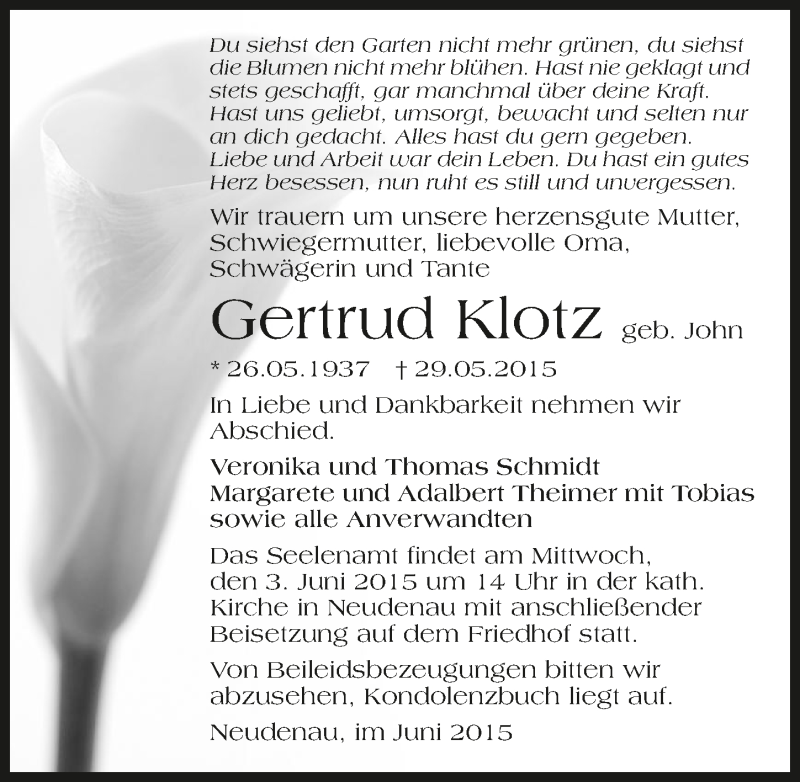  Traueranzeige für Gertrud Klotz vom 01.06.2015 aus 