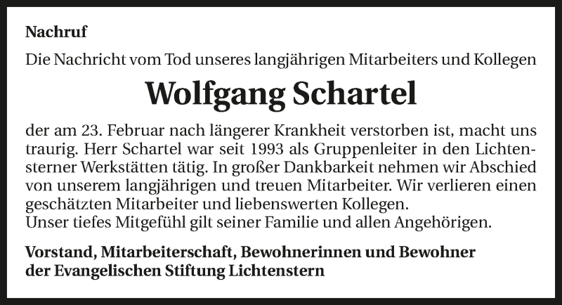  Traueranzeige für Wolfgang Schartel vom 05.03.2016 aus 