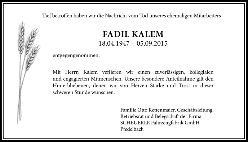  Traueranzeige für Fadil Kalem vom 09.09.2015 aus 