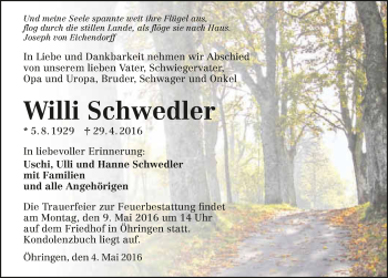 Traueranzeige von Willi Schwedler 