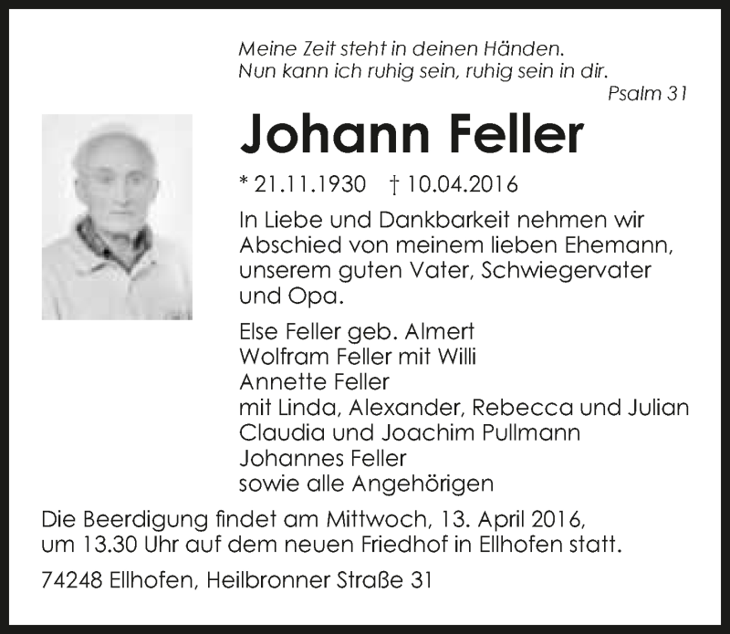  Traueranzeige für Johann Feller vom 12.04.2016 aus 