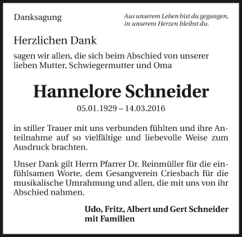 Traueranzeige von Hannelore Schneider 