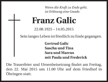 Traueranzeige von Franz Galic 
