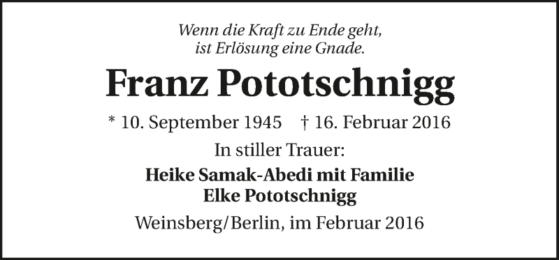  Traueranzeige für Franz Pototschnigg vom 18.02.2016 aus 