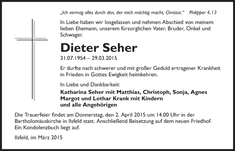  Traueranzeige für Dieter Seher vom 31.03.2015 aus 