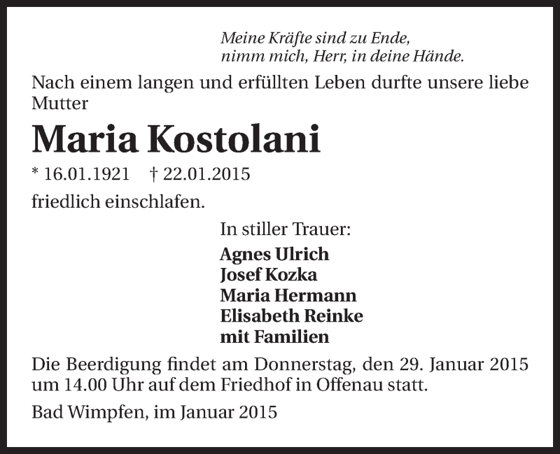  Traueranzeige für Maria Kostolani vom 27.01.2015 aus 