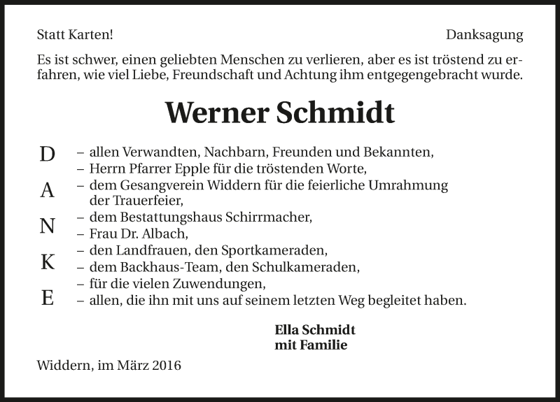  Traueranzeige für Werner Schmidt vom 19.03.2016 aus 