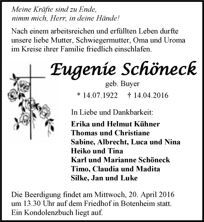  Traueranzeige für Eugenie Schöneck vom 16.04.2016 aus 