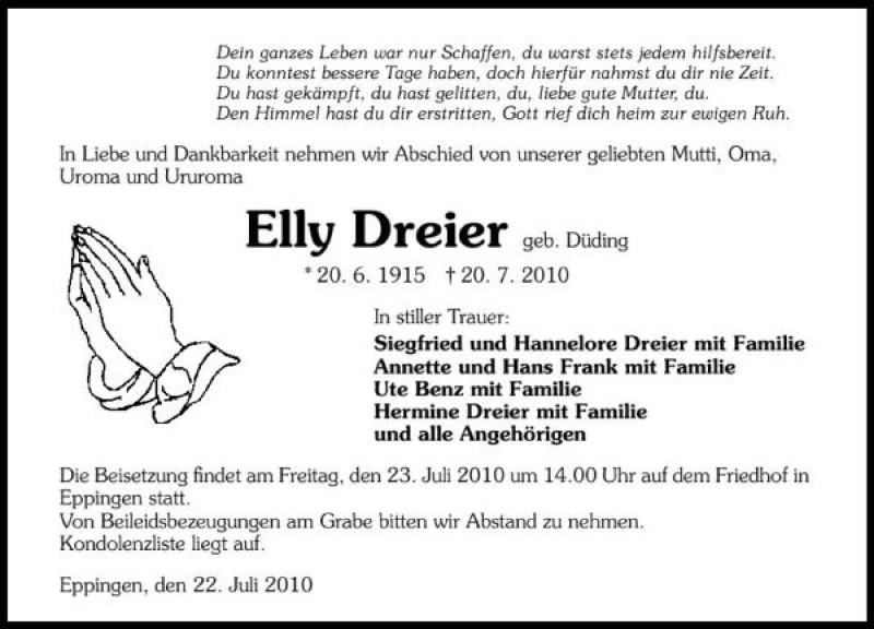  Traueranzeige für Dreier Elly vom 22.07.2010 aus 
