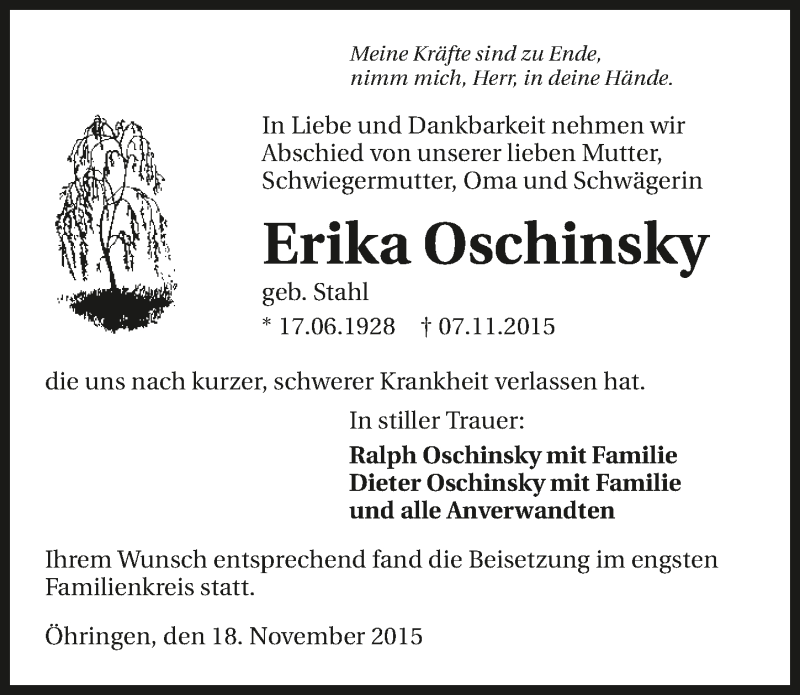  Traueranzeige für Erika Oschinsky vom 18.11.2015 aus 