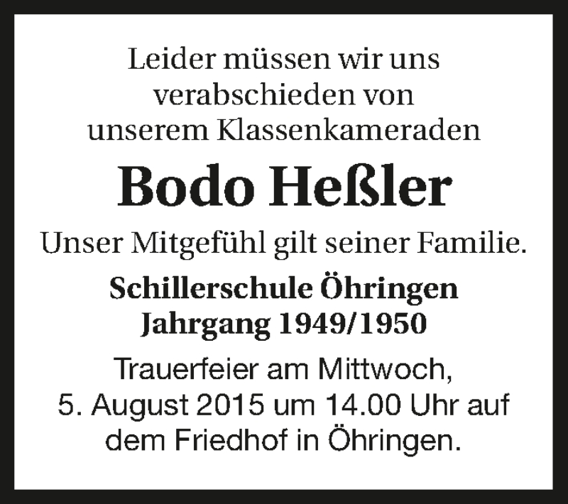 Traueranzeige für Bodo Heßler vom 04.08.2015 aus 