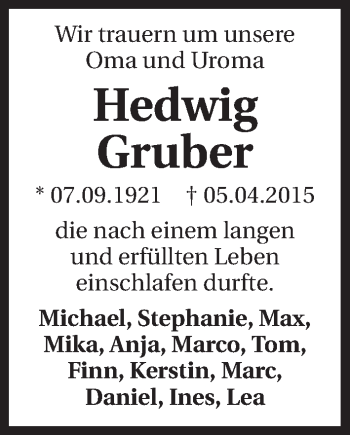 Traueranzeige von Hedwig Gruber 