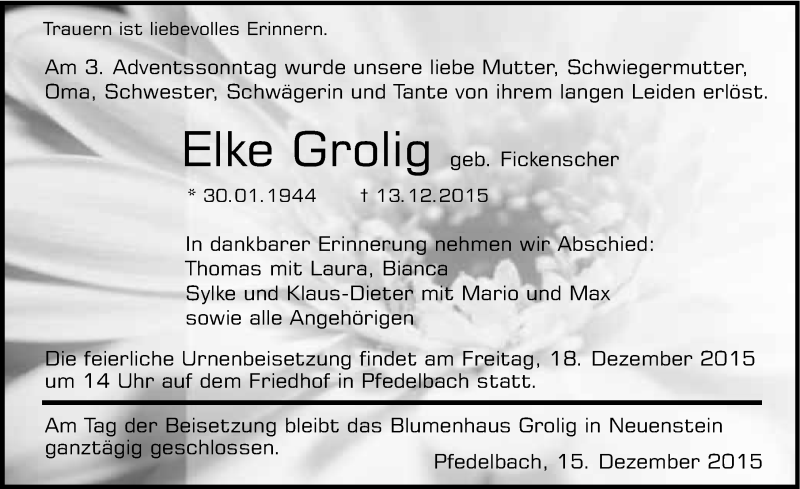  Traueranzeige für Elke Grolig vom 15.12.2015 aus 