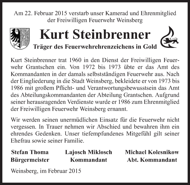  Traueranzeige für Kurt Steinbrenner vom 27.02.2015 aus 