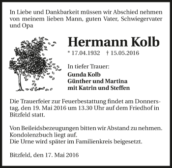 Traueranzeige von Hermann Kolb 
