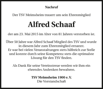 Traueranzeige von Alfred Schaaf 