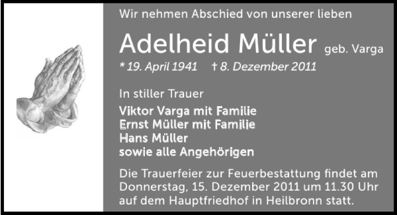  Traueranzeige für Adelheid Müller vom 13.12.2011 aus 