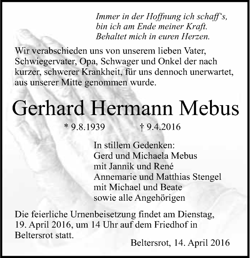  Traueranzeige für Gerhard Hermann Mebus vom 14.04.2016 aus 