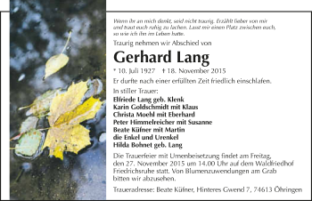 Traueranzeige von Gerhard Lang 