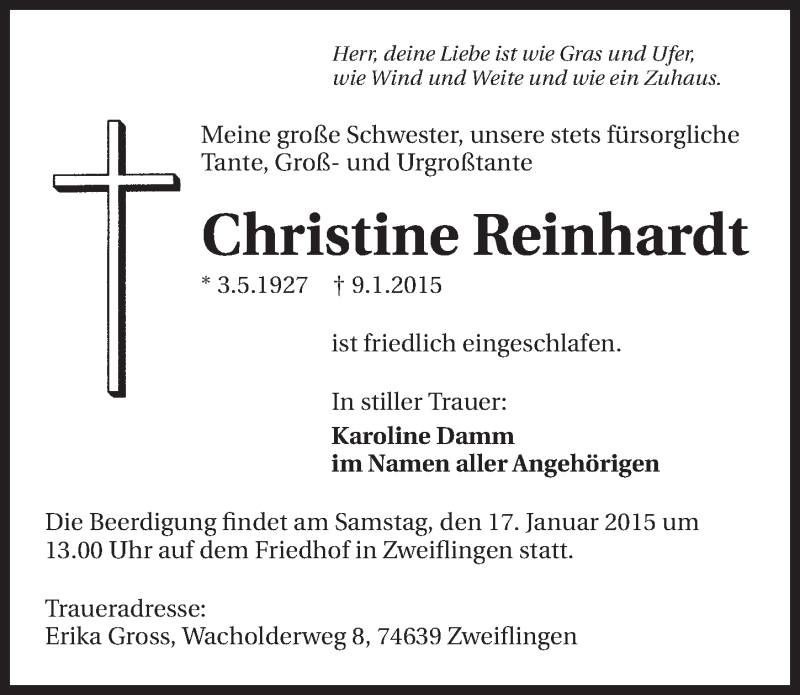  Traueranzeige für Christine Reinhardt vom 14.01.2015 aus 