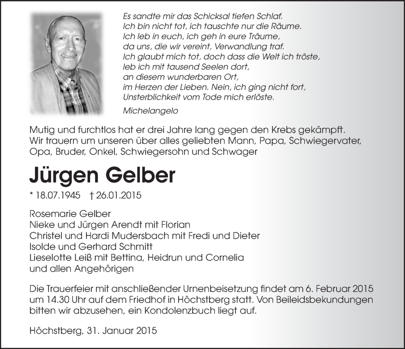  Traueranzeige für Jürgen Gelber vom 31.01.2015 aus 