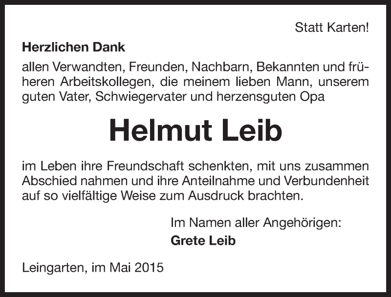  Traueranzeige für Helmut Leib vom 16.05.2015 aus 
