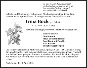 Traueranzeige von Irma Bock 