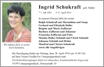 Traueranzeige von Ingrid Schukraft 