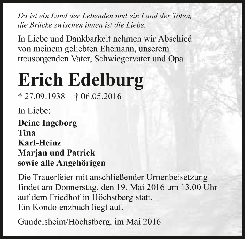  Traueranzeige für Erich Edelburg vom 14.05.2016 aus 