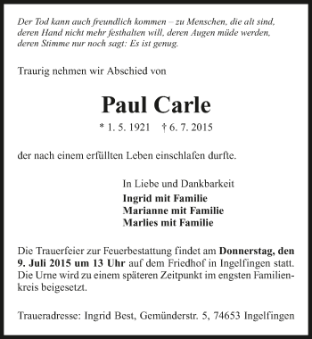 Traueranzeige von Paul Carle 