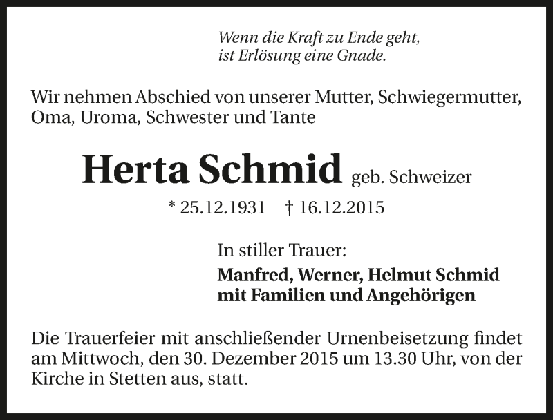  Traueranzeige für Herta Schmid vom 24.12.2015 aus 