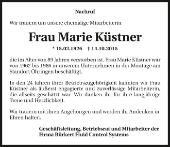 Traueranzeige von Marie Küstner 
