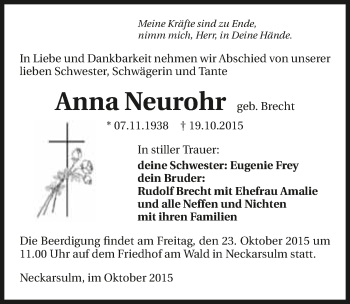 Traueranzeige von Anna Neurohr 