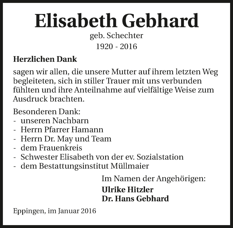  Traueranzeige für Elisabeth Gebhard vom 28.01.2016 aus 