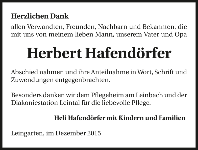  Traueranzeige für Herbert Hafendörfer vom 29.12.2015 aus 
