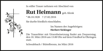 Traueranzeige von Rut Heimann 
