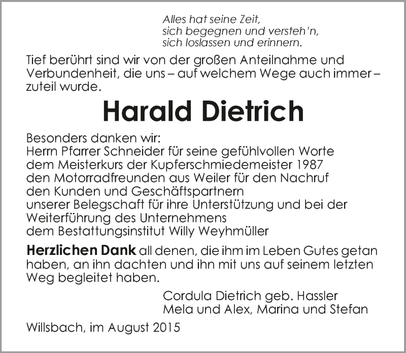  Traueranzeige für Harald Dietrich vom 22.08.2015 aus 
