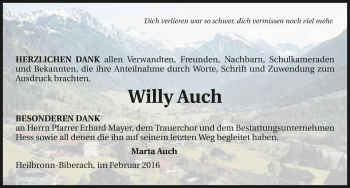 Traueranzeige von Willy Auch 