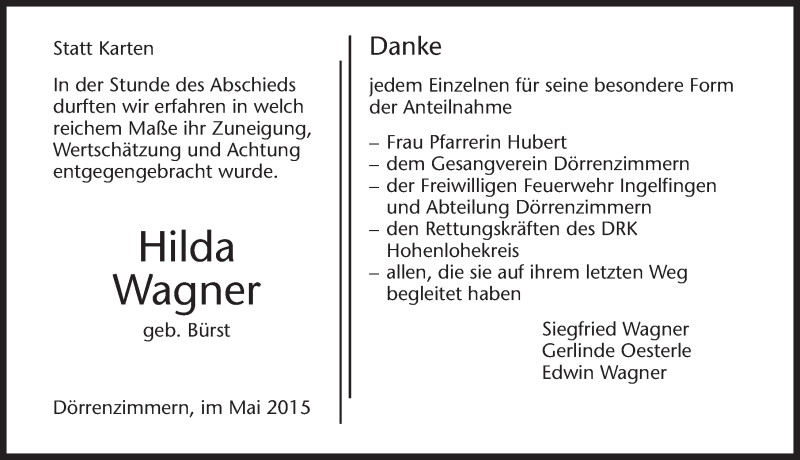  Traueranzeige für Hilda Wagner vom 22.05.2015 aus 