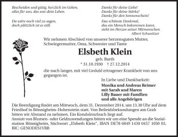 Traueranzeige von Elsbeth Klein 