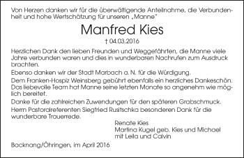 Traueranzeige von Manfred Kies 