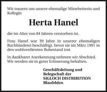 Traueranzeige von Herta Hanel 