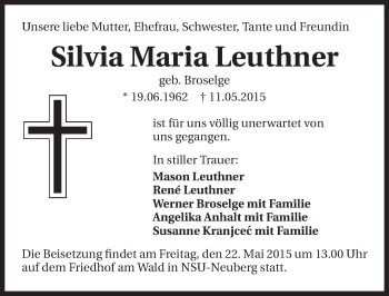 Traueranzeige von Silvia Maria Leuthner 