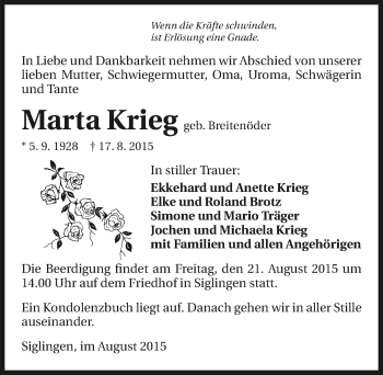 Traueranzeige von Marta Krieg 