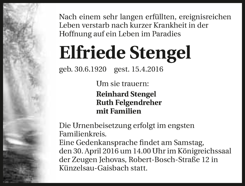  Traueranzeige für Elfriede Stengel vom 26.04.2016 aus 