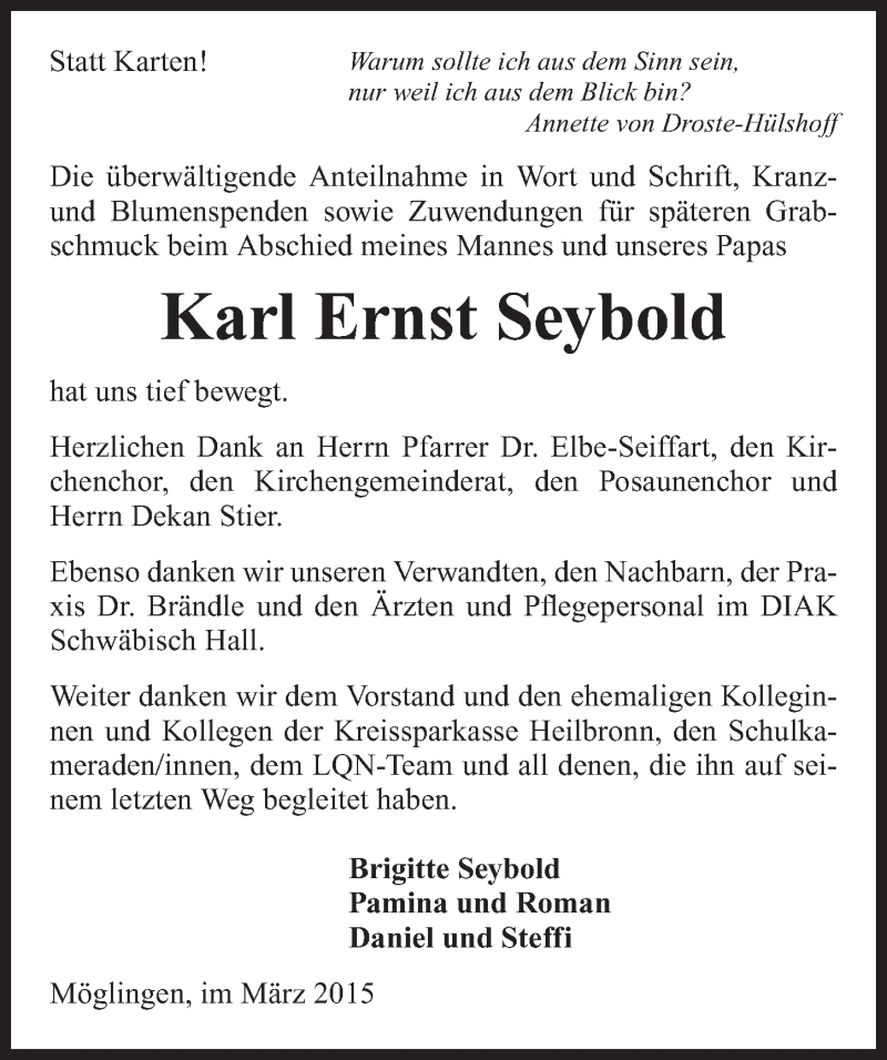  Traueranzeige für Karl Ernst Seybold vom 21.03.2015 aus 