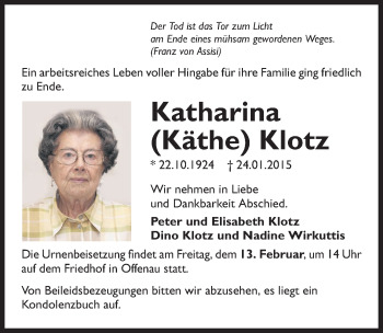 Traueranzeige von Katharina Klotz 