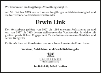 Traueranzeige von Erwin Link 