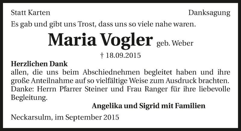  Traueranzeige für Maria Vogler vom 10.10.2015 aus 