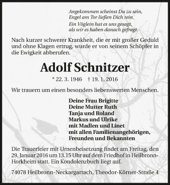 Traueranzeige von Adolf Schnitzer 